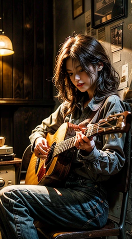 /imagine "A nostalgic scene with Lo-Fi acoustic guitar, a vintage wooden acoustic guitar, detailed view of the guitar's body and strings, classic design with intricate inlays and craftsmanship. A person sitting on an old wooden chair, playing the guitar, wearing vintage clothing like a flannel shirt and jeans, with a relaxed and focused expression. A cozy retro-styled room or porch, old photographs and vintage decor on the walls, warm ambient lighting casting gentle shadows. A sense of nostalgia and warmth, the soft sound of strummed guitar strings, a peaceful intimate ambiance. An old record player or radio in the background, a stack of vinyl records or sheet music nearby, a cup of coffee or tea on a small table. Warm muted tones with soft highlights and shadows, sepia or monochromatic color palette for a vintage feel, subtle ambient lighting to enhance the mood."