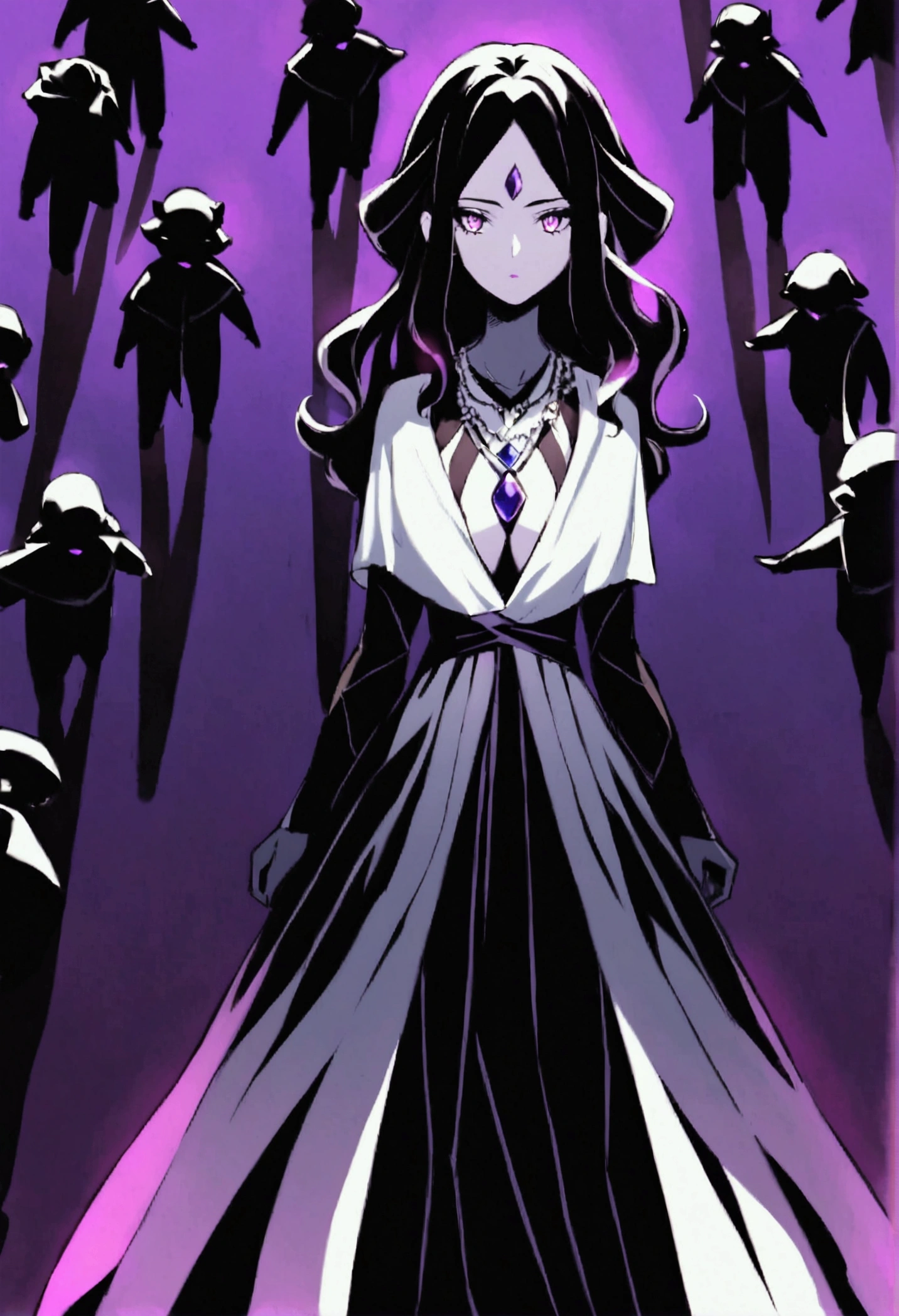 An anime-style female character named Gamora, anti-villain with mystical powers. She has long, wavy black hair, bright purple eyes, and pale skin with an ethereal aura. Gamora wears elegant, dark clothing with arcane patterns, including a cloak that moves like shadows. She wears a necklace with an obsidian amulet. Gamora is in a confident and mysterious pose, surrounded by shadows that seem alive