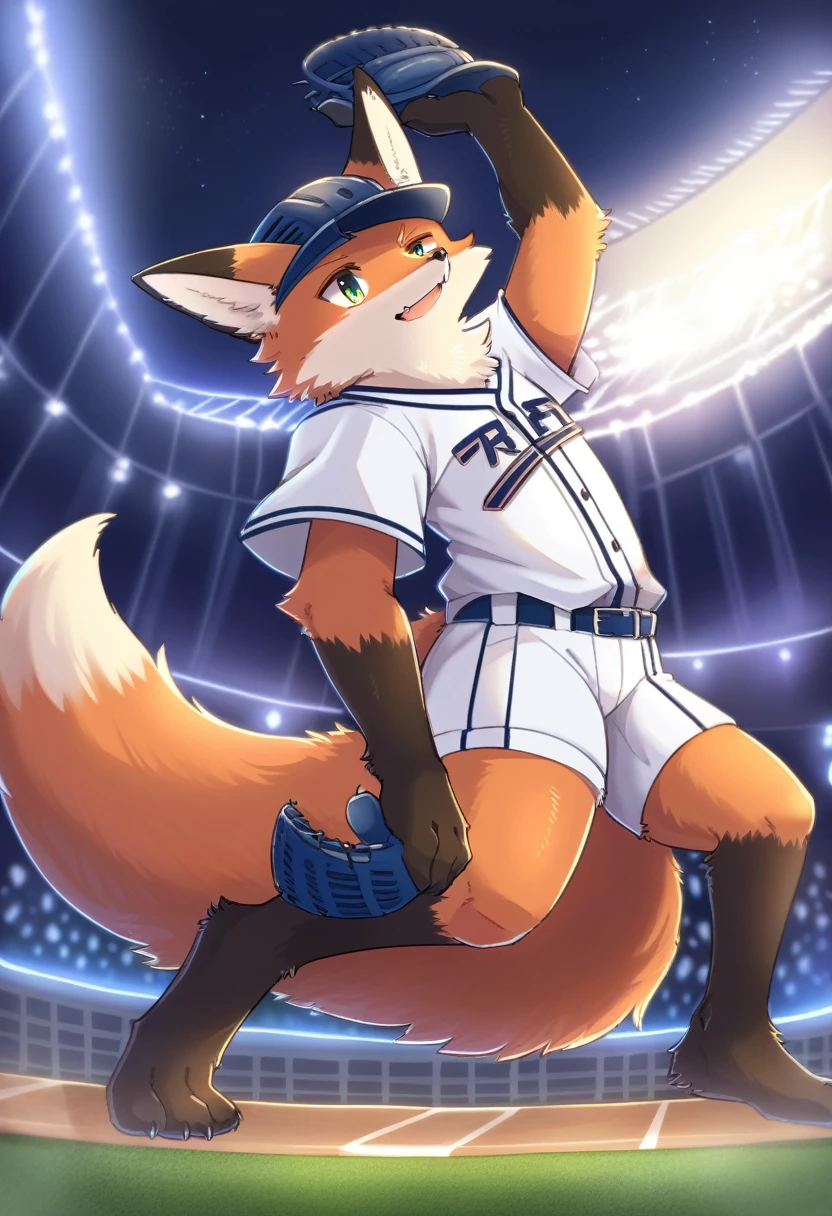 ((Masterpiece)), ((Best Quality)), (Very Detailed), ((Very Detailed)), 4K, (8K), very aesthetic, absurdres highres, 1man, (anthropomorphic fox, furry, kemono:1.8), Baseball player, catching, ball, white uniform, helmet, glove, stadium, audience, scoreboard, night, stadium lighting, shadow, team logo, jersey number, victory look, cheering crowd, stadium structure