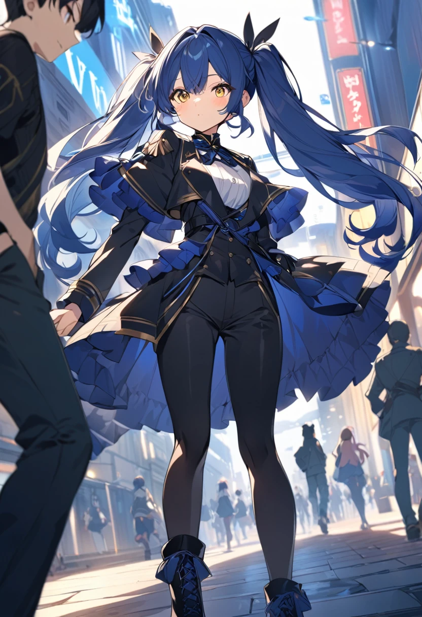 anime anime - a girl with long Navy Blue hair, long bNavy Blue hair, long, long Navy Blue long Navy Blue hair Navy Blue long Navy Blue hair Navy Blue, anime, anime girl anime dress black, anime female, twintails, yellow eyes, long hair, pants, solo focus, 1girl, Navy Blue hair, long sleeves, night, jacket, black pants, outdoors
