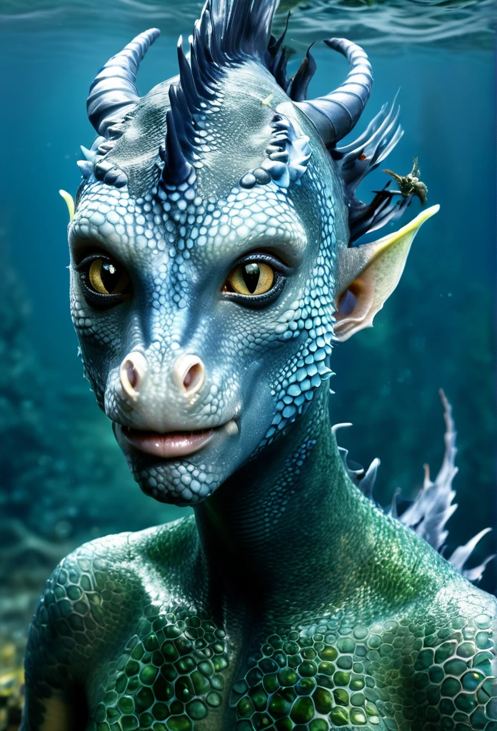 Front portrait of a hairless aquatic creature with a water nose from another planet, body half human and half sea dragon, with deep, expressive eyes. Textures on your skin that blend with realistic and sexy seaweed.