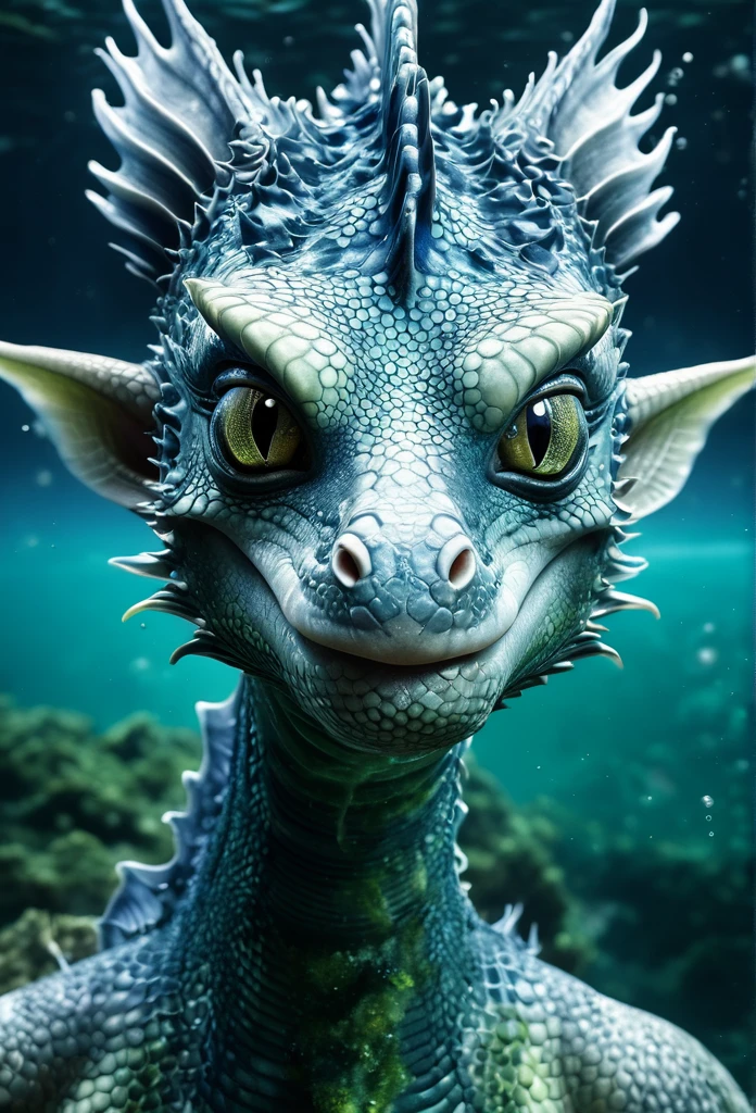 Front portrait of a hairless aquatic creature with a water nose from another planet, body half human and half sea dragon, with deep, expressive eyes. Textures on your skin that blend with realistic and sexy seaweed.