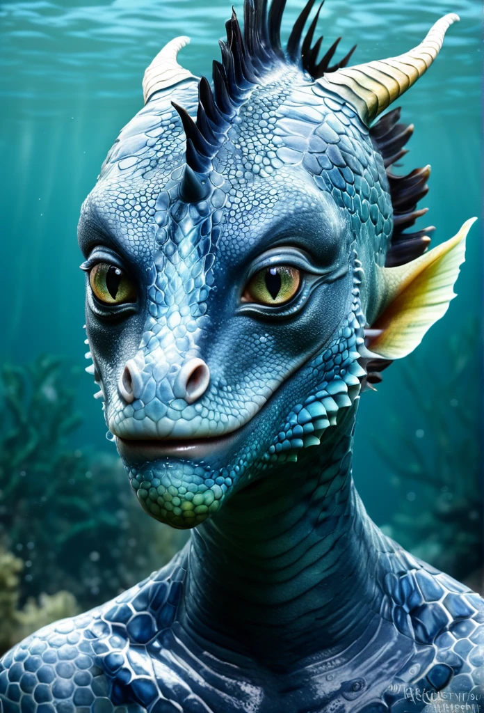 Front portrait of a hairless aquatic creature with a water nose from another planet, body half human and half sea dragon, with deep, expressive eyes. Textures on your skin that blend with realistic and sexy seaweed.
