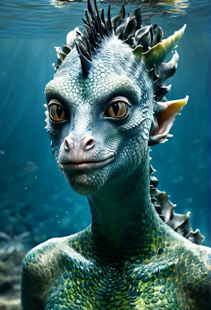 Front portrait of a hairless aquatic creature with a water nose from another planet, body half human and half sea dragon, with deep, expressive eyes. Textures on your skin that blend with realistic and sexy seaweed.