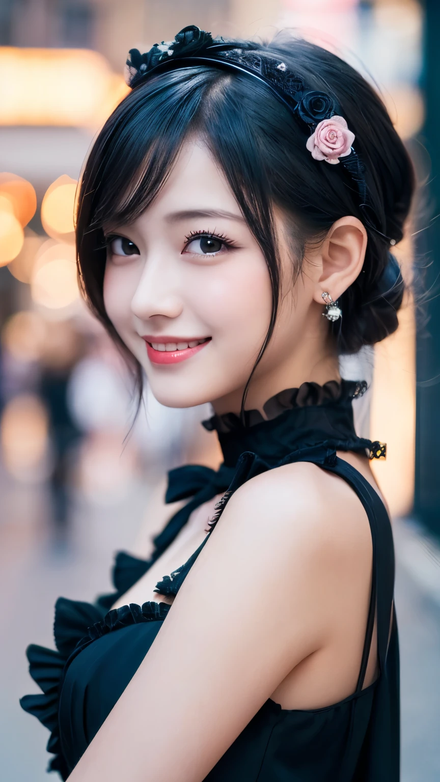 (Realistic, photo-Realistic:1.37), Unbelievably absurd, (Very detailed:1.3), 8K, (masterpiece), (Highest quality:1.4), (Ultra-high resolution:1.2), (RAW Photos:1.2), Very detailed背景, (unity 8K wallpaper), 1 nogizaka girl, very cute, (bishojo:1.35), (:1.4 (white, Black and pink mine fashion), (Delicate and beautiful face, eye, skin), (Beautiful dress with intricate details), Gothic Maid, (Open chest), (Thick black shiny hair), (Elegant frills), (Blue rose hair accessory), (Smiling for the camera), whole body, Street view, Professional Lighting, 1 Girl, (Light pink hair)