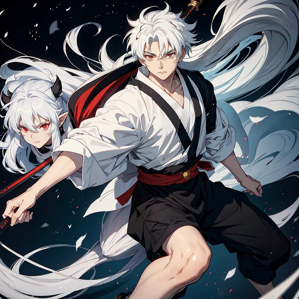 An Inuyasha with white hair and a white sweatshirt, long black pants and a black mask, without anyone just him