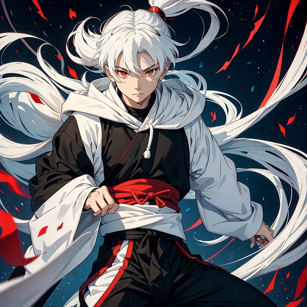 An Inuyasha with white hair and a white sweatshirt, long black pants and a black mask, without anyone just him