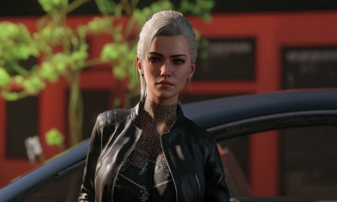 a close up of a woman in a black leather jacket and a black car, gta 6 style, 3 d demo reel avatar, cinematic bust shot, cyberpunk 2 0 y. o model girl, she wears leather jacket, daz 3 d, daz3d, daz 3d, female lead character, highly detailed cinematic, harley queen, 3d character realistic