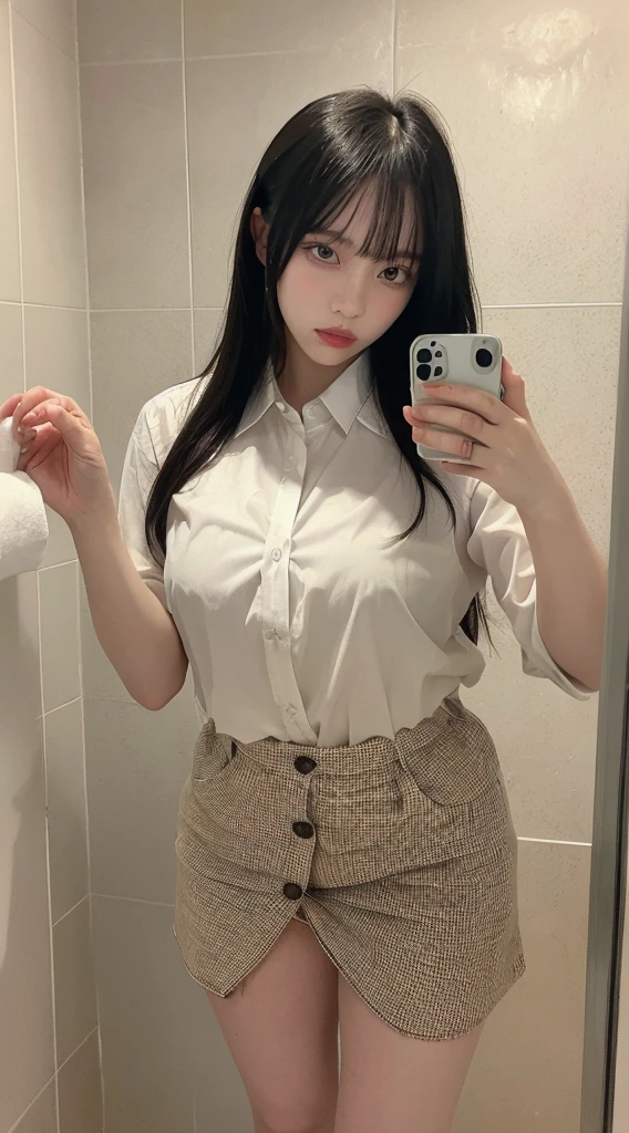 ,Highest quality, figure, Super detailed, In detail, High resolution, 8k wallpaper, Thick lips、Perfect dynamic composition, Glossy with oil々Skin、Korean、Unbutton your shirt to show off your 、NSFW.Undressing、Short skirt。Shiny thighs,Thick thighs、Narrow waist、Big Breasts、 Natural color lip, Bold sexy pose,Toilet room、cute、Selfie、NSFW、Incême、Up Angle、Selfie、