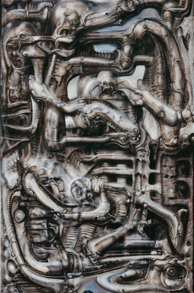 xGiger,  Tableau with some of the artistic techniques and compositional features used in /“Biomechanical landscape No 312/” by H r (Hans Rudie) Giger:
The image is a surrealistic artwork featuring an alien robotics humanoid figures, each with a unique design, surrounded with pipes and gears, set against a background of intricate machinery
The central focus of the image is a nightmarish tableau of two biomechanical heads. They are connected by a network of pipes and tubes that appear to be either feeding them or draining them. The heads themselves are elongated and skeletal, with gaping maws. Their eyes are empty sockets, and their expressions are vacant and emotionless.
 Heads are humanoid but industrial and ivorysh, with pipes and wires integrated throughout their structure. One face appears to be screaming, the other has its mouth open like a maw. They are surrounded by various mechanical doodads and tubes, and blend seamlessly into the background of industrial machinery.The biomechanical heads could have represented some kind of alien creatures, or they could have been machines that had become sentient
Used Airbrushing is a technique for applying paint using a device that sprays a fine mist. It is often used to create smooth, even coats of paint, and it can be used to create very detailed effects. Giger's use of airbrushing in this image creates a hyperrealistic quality to the biomechanical landscape, making it appear even more alien and unsettling. It is also often used to create very smooth and even gradients of color.
The use of a dark palette with blacks, purplish browns, and grays creates a sense of mystery and dread. The dark colors obscure the details of the image, making it difficult for the viewer to see what they are looking at. This ambiguity adds to the unsettling nature of the work. The dark colors also help to emphasize the biomechanical elements in the painting.
The background features even more machinery, including pipes, gears, and cables. 