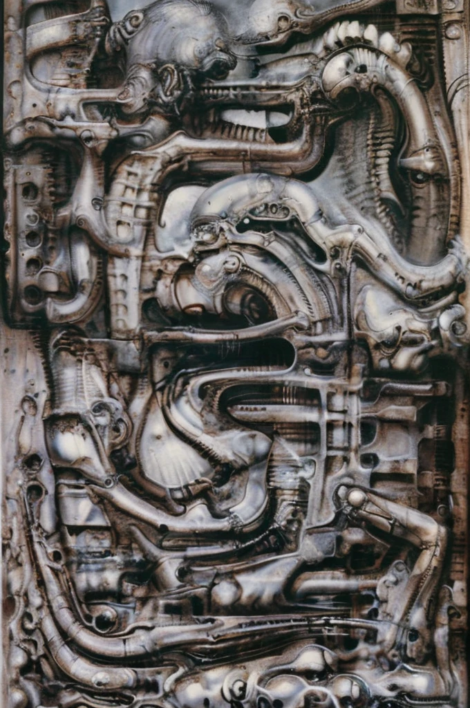 xGiger, Tableau with some of the artistic techniques and compositional features used in /“Biomechanical landscape No 312/” by H r (Hans Rudie) Giger:
The image is a surrealistic artwork featuring an alien robotics humanoid figures, each with a unique design, surrounded with pipes and gears, set against a background of intricate machinery
The central focus of the image is a nightmarish tableau of two biomechanical heads. They are connected by a network of pipes and tubes that appear to be either feeding them or draining them. The heads themselves are elongated and skeletal, with gaping maws. Their eyes are empty sockets, and their expressions are vacant and emotionless.
Heads are humanoid but industrial and ivorysh, with pipes and wires integrated throughout their structure. One face appears to be screaming, the other has its mouth open like a maw. They are surrounded by various mechanical doodads and tubes, and blend seamlessly into the background of industrial machinery.The biomechanical heads could have represented some kind of alien creatures, or they could have been machines that had become sentient
Used Airbrushing is a technique for applying paint using a device that sprays a fine mist. It is often used to create smooth, even coats of paint, and it can be used to create very detailed effects. Giger's use of airbrushing in this image creates a hyperrealistic quality to the biomechanical landscape, making it appear even more alien and unsettling. It is also often used to create very smooth and even gradients of color.
The use of a dark palette with blacks, purplish browns, and grays creates a sense of mystery and dread. The dark colors obscure the details of the image, making it difficult for the viewer to see what they are looking at. This ambiguity adds to the unsettling nature of the work. The dark colors also help to emphasize the biomechanical elements in the painting.
The background features even more machinery, including pipes, gears, and cables.