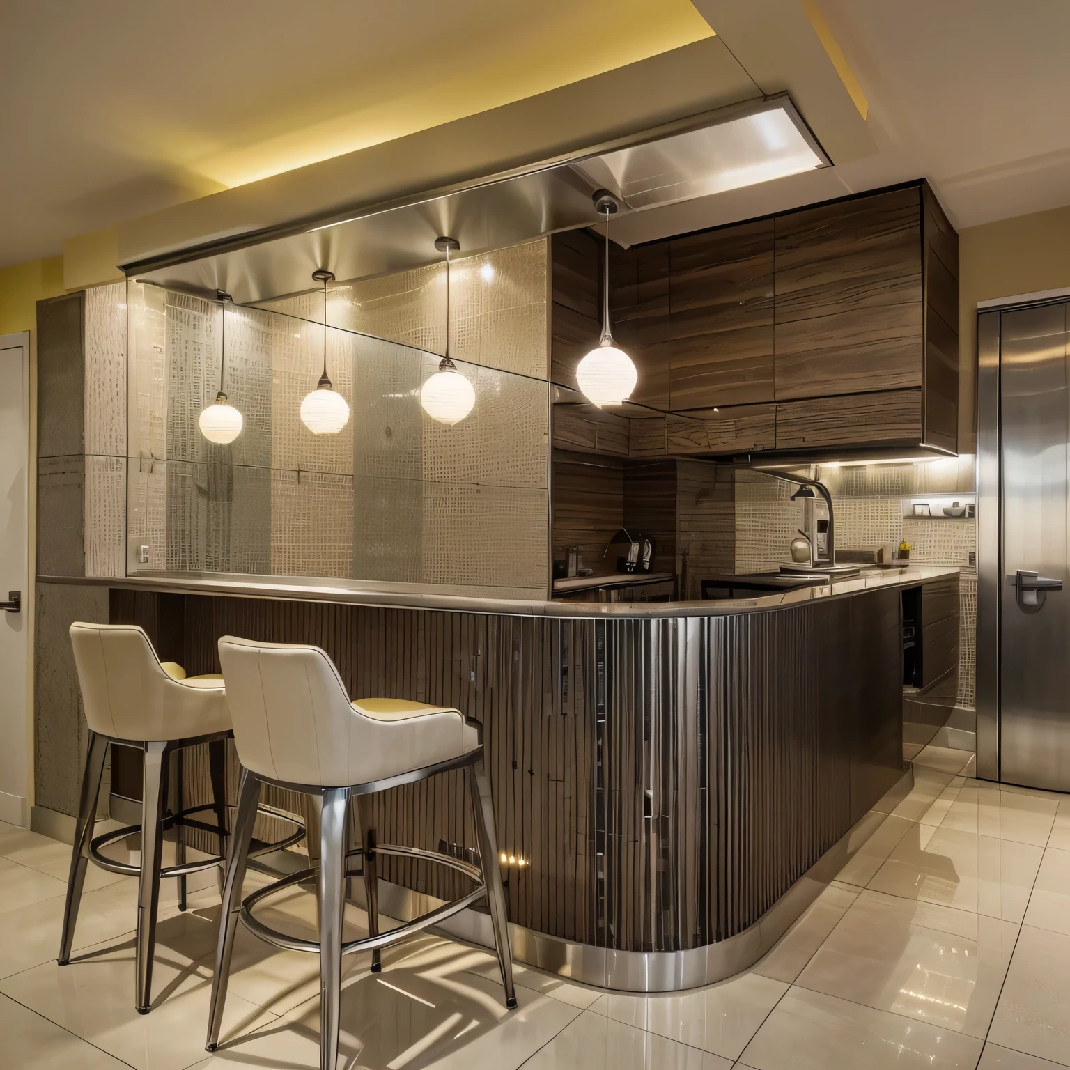 Modern restaurant interior with bar counter and open kitchen. Bar counter with curved lines, light textured panels and two high chairs in light yellow with black legs. Four pendant lamps with white spherical shades above the bar counter. White textured tiles on the wall behind the bar counter. Kitchen visible, with stainless steel appliances and work surfaces. The floor must be poured concrete.
to improve:
Use light colors and add contrasting colors and bright accents.
Set more lighting levels.
Add plants and decorative elements.
Organize the space behind the bar for the convenience of employees.