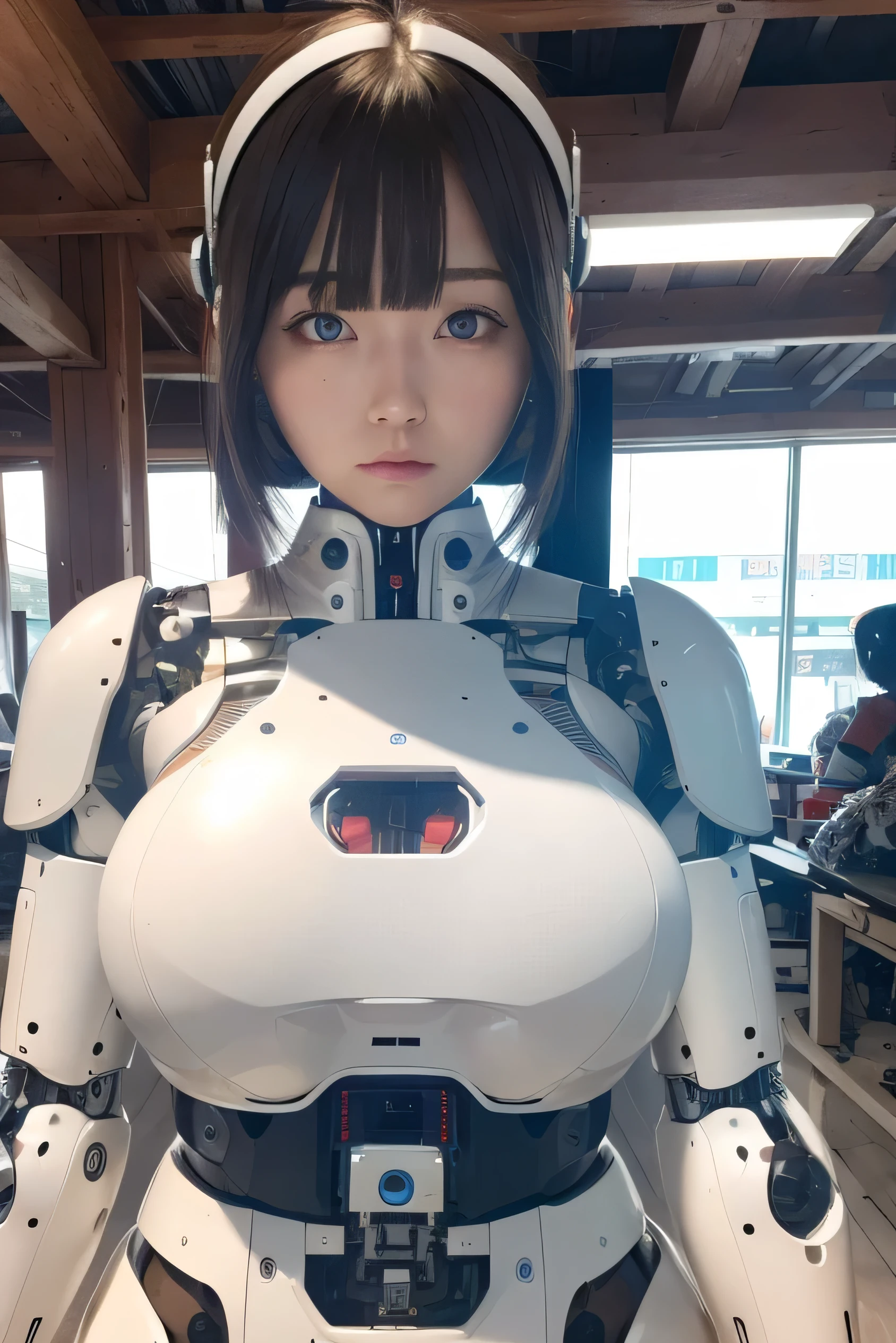 masterpiece, best quality, extremely detailed, Japanese android girl,Plump ,control panels,robot arms,robot,android,cyborg,white robot body,ceramic body,perfect robotgirl,blunt bangs,sumo wrestler,blue eyes