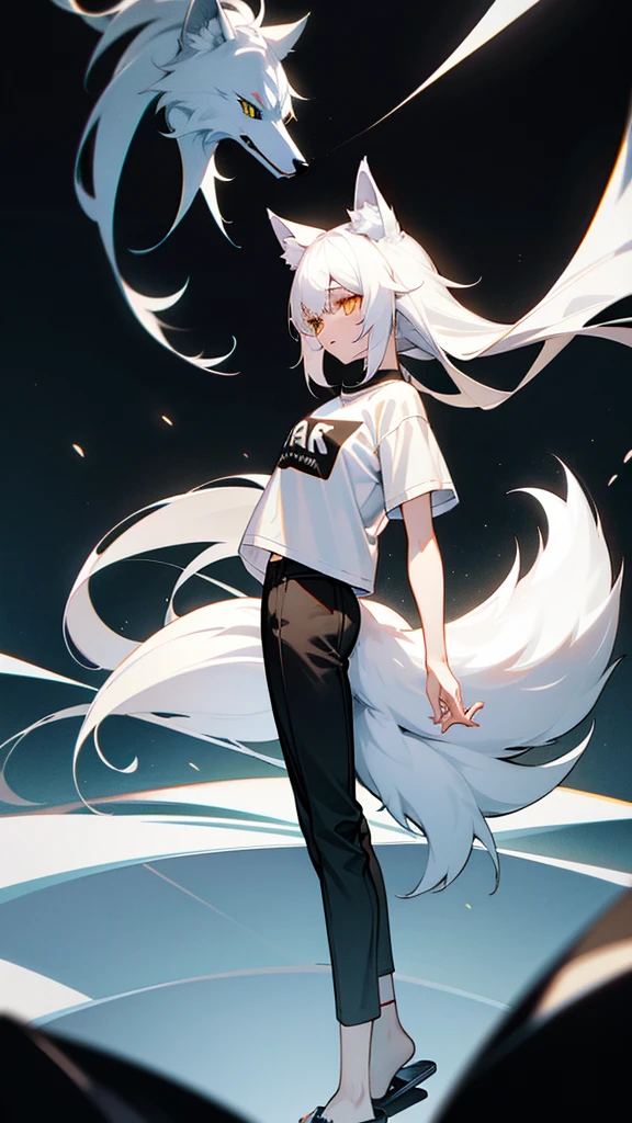 wolf girl white hair white wolf ears maximum resolution eyes Gold and black t-shirt black pants and white wolf tail have two white slippers