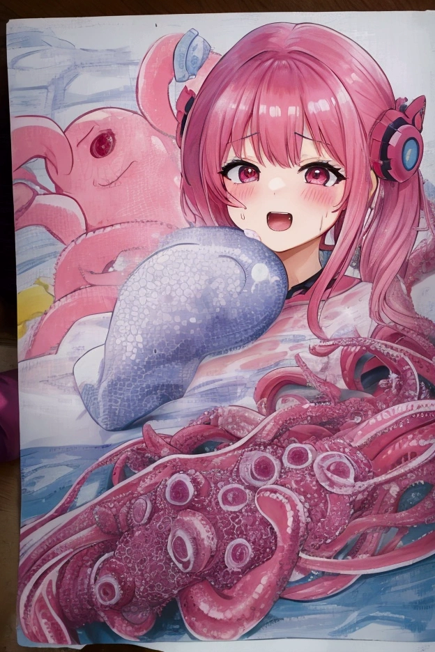 anime girl with pink hair and a purple dress holding a pink octopus, Fine details. anime. Tentacles, some Tentacles are touching her, Tentacles around, covered with Tentacles, Human female, splash art anime , digital art on Pixiv, Pixiv, From the Azur Lane video game, anime fantasy illustration、Tentaclesが女性期に挿入されている、Tentaclesが乳首に吸い付いている、Woman panting、A woman is enjoying herself、rape、Being tormented、Tentaclesは全て敵、Erotic、A woman is enjoying herself