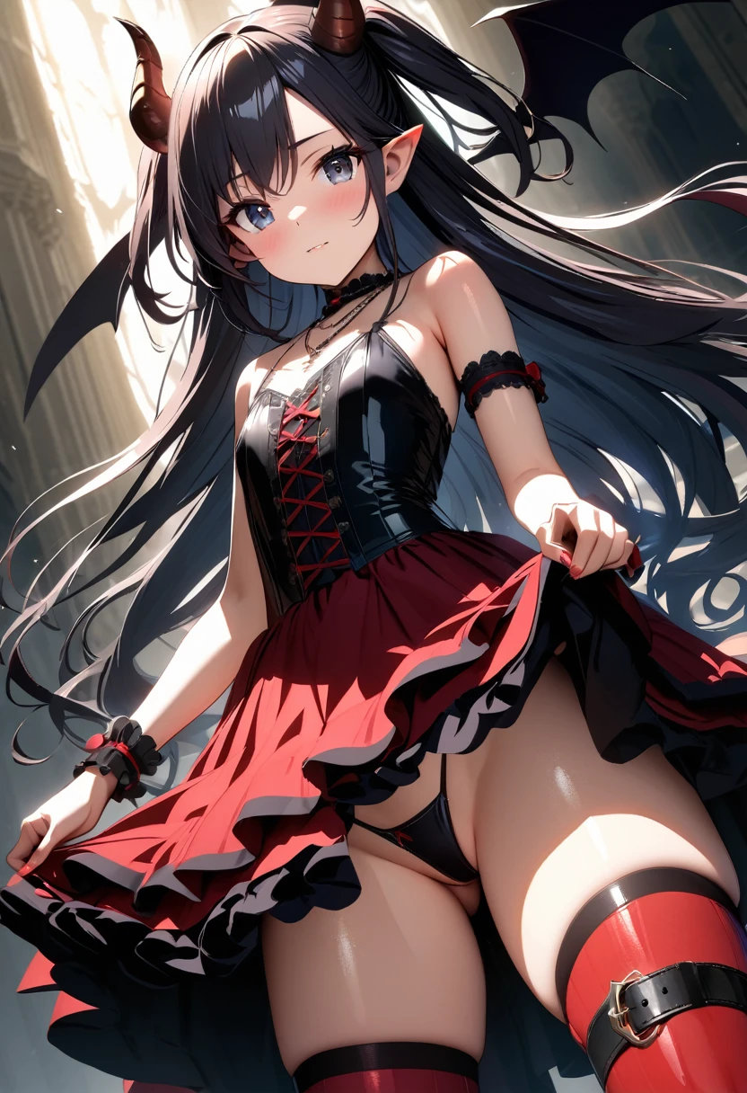 masterpiece, best quality, ultra-detailed, glistening shiny, glowing light, ray tracing, HDR, deph of field, (perfect face, detailed face), lucelia, very long hair, flat chest, black eyes, two side up, pointy ears, demon horns, demon wings , black dress, red skirt, layered dress, red thighhighs, necklace, armlets, wristbands, skirt lift, thong