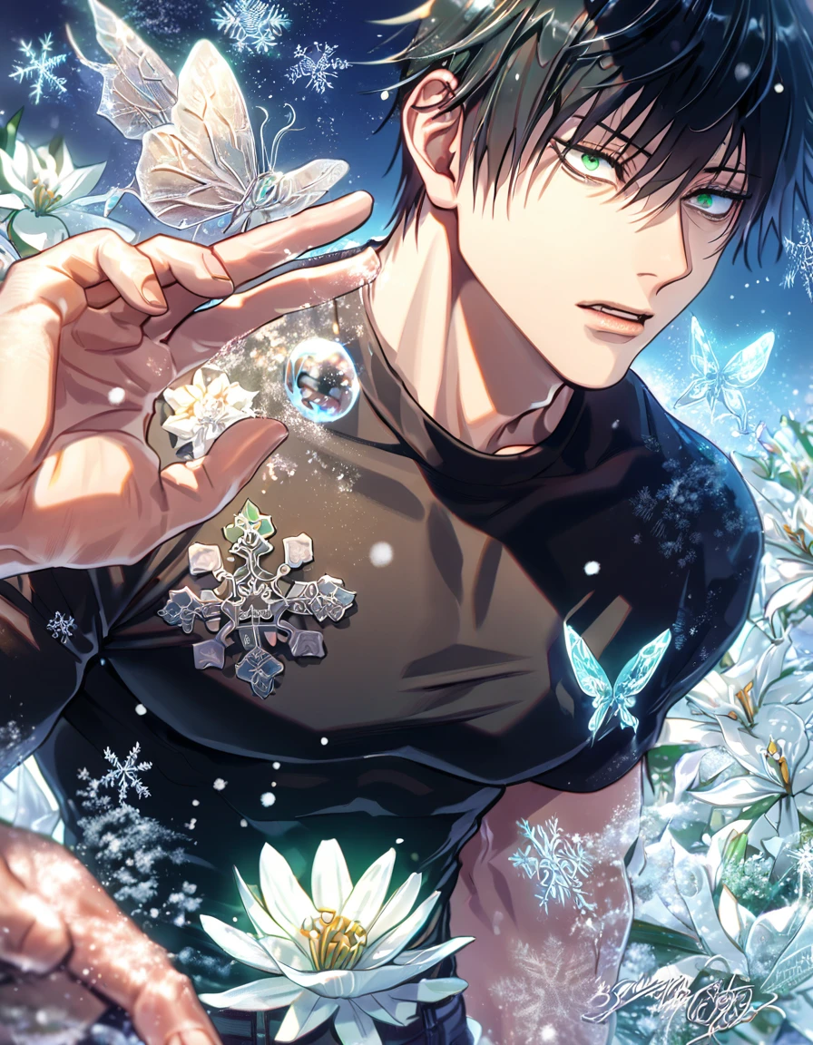 absurd resolution, high resolution, ultra detailed, detailed eyes, extremely detailed, HDR, 8K, delicated features, Fushiguro Touji, straight black hair, expressive green eyes, Jujutsu Kaisen, sexy man, solo, handsome, black tight T-shirt, fantasy, magical, ice butterflies, snowing, snowflakes, ice lilies, glass