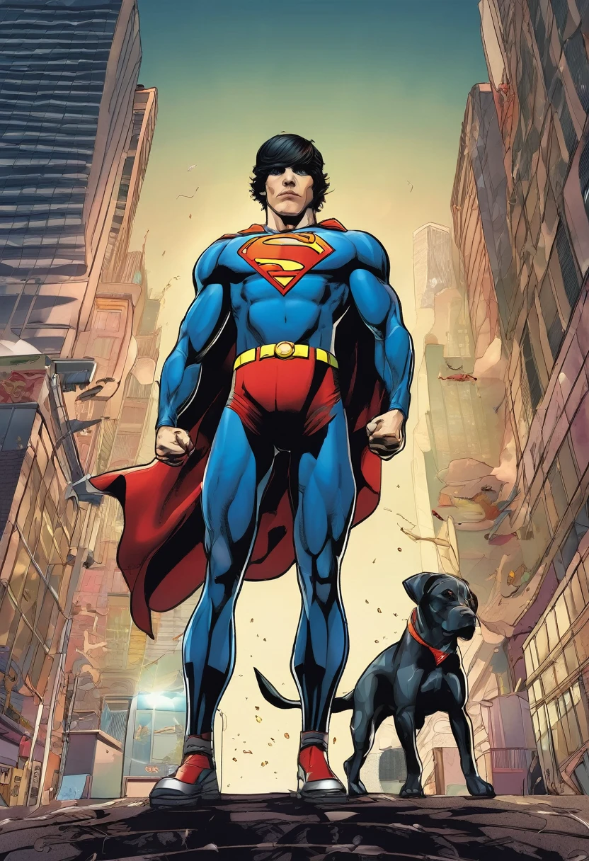 a superhero with the appearance of oliver sykes and the superman costume 