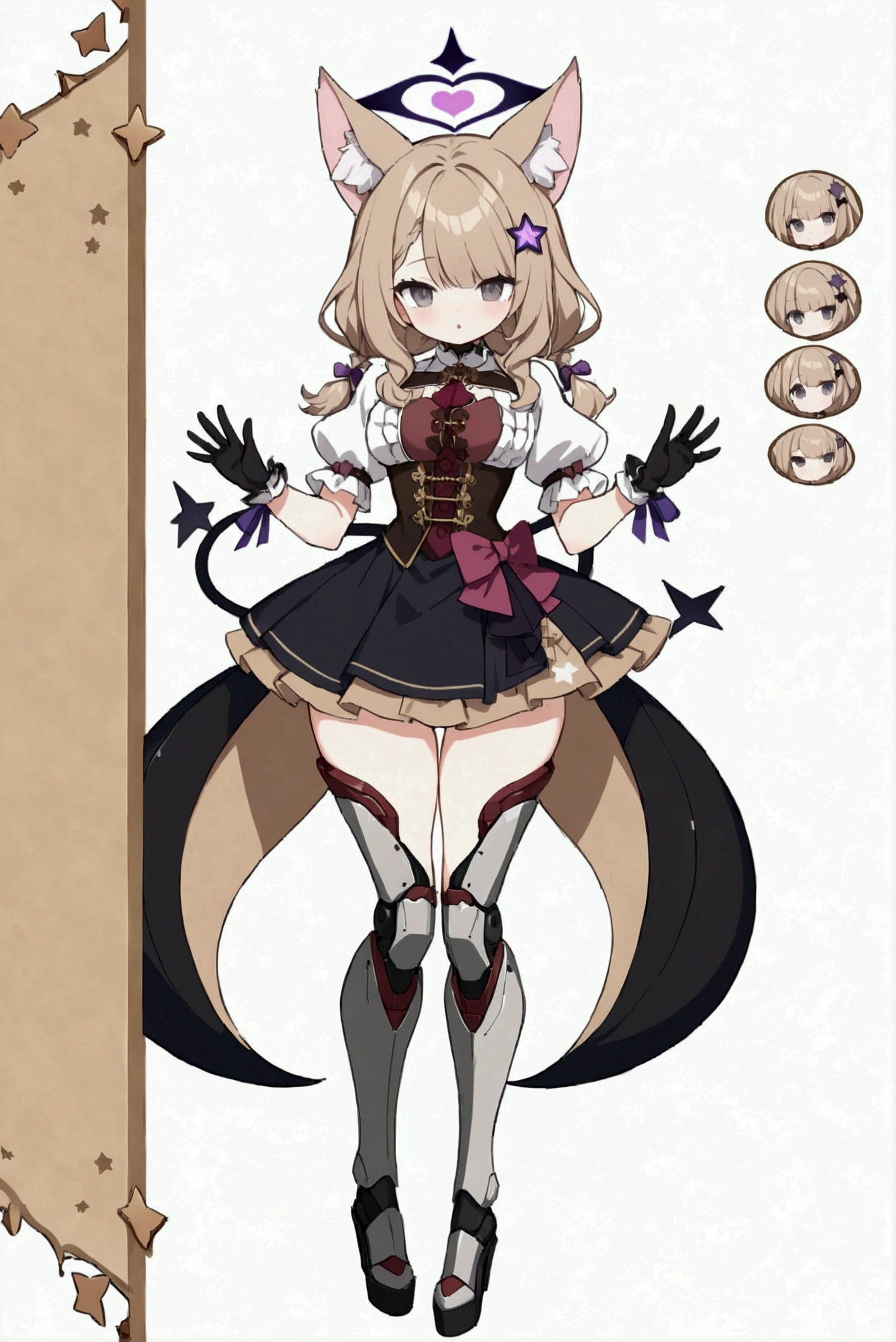 woman 170 cm tall. medium chest, wide hip, slim build, ((whole body)). (((character design sheet: front view))). (dark blonde hair, ((hip length wavy hair, asymmetrical bangs, star hairpin)), (She has a short braid tied with an elegant purple ribbon on the left side of her hair above her chest). (She has a short braid tied with an elegant purple ribbon on the right side of her hair above her chest). She has small hair ties in the back of her hair..). ((Gray eyes with a pink 4-pointed star in the pupil)). (Two black and purple fox ears located on the top of the head). (Luminous black halo with purple star patterns above his head). He has a black collar with a heart emblem on his neck.. (Elegant long one piece dress, thigh-length lace and ruffle skirt, ribbon decorations and star patterns on the dress). black gloves, Black platform heels. gray belt at the waist with a large ribbon with a luminous pink heart in the middle. ((It has a succubus tail that ends in the shape of a heart.)). (((It has complex mechanical legs that reach up to the thighs and are black with small purple details..))). beautiful detailed hair, beautiful detailed dress. extremely detailed arms. extremely detailed face, small face, Beautiful detailed eyes, beautiful detailed lips. adorable. extremely detailed legs. (Best Quality, 4k, high resolution), ultra detailed, Exquisite and epic character art, ((White background)). (Focus on symmetry).