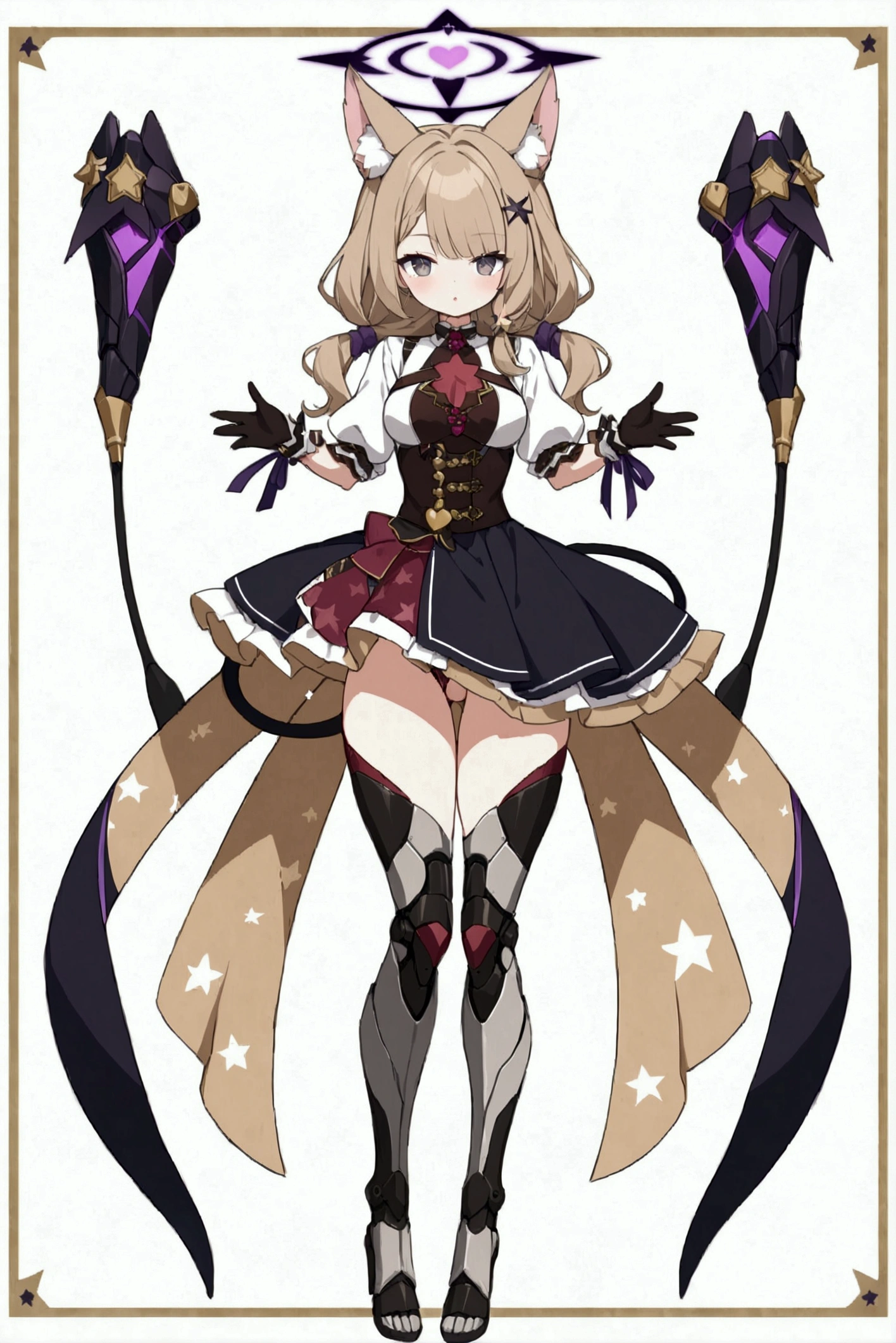 woman 170 cm tall. medium chest, wide hip, slim build, ((whole body)). (((character design sheet: front view))). (dark blonde hair, ((hip length wavy hair, asymmetrical bangs, star hairpin)), (She has a short braid tied with an elegant purple ribbon on the left side of her hair above her chest). (She has a short braid tied with an elegant purple ribbon on the right side of her hair above her chest). She has small hair ties in the back of her hair..). ((Gray eyes with a pink 4-pointed star in the pupil)). (Two black and purple fox ears located on the top of the head). (Luminous black halo with purple star patterns above his head). He has a black collar with a heart emblem on his neck.. (Elegant long one piece dress, thigh-length lace and ruffle skirt, ribbon decorations and star patterns on the dress). black gloves, Black platform heels. gray belt at the waist with a large ribbon with a luminous pink heart in the middle. ((It has a succubus tail that ends in the shape of a heart.)). (((It has complex mechanical legs that reach up to the thighs and are black with small purple details..))). beautiful detailed hair, beautiful detailed dress. extremely detailed arms. extremely detailed face, small face, Beautiful detailed eyes, beautiful detailed lips. adorable. extremely detailed legs. (Best Quality, 4k, high resolution), ultra detailed, Exquisite and epic character art, ((White background)). (Focus on symmetry).