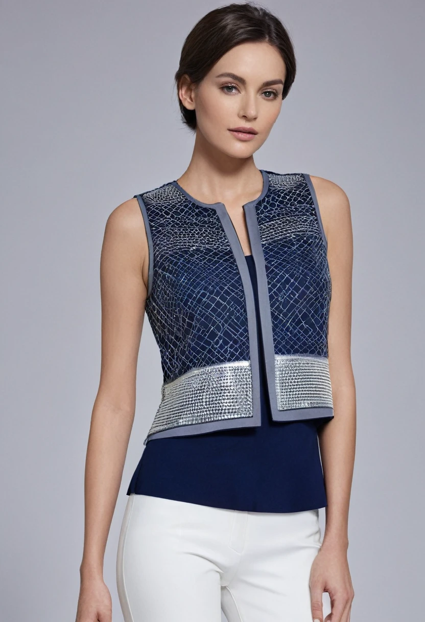 Create an image of a multi-layered women’s top. The outer layer should be a shimmering, transparent silver fabric adorned with an intricate, fine geometric pattern, adding a modern and sophisticated touch. Beneath this, a cropped vest in a contrasting yet complementary color, such as deep navy blue, should be noticeable. The innermost layer is a pristine white underwired bra, providing structure and support. The overall design should be stylish, elegant, and contemporary, with each layer distinct yet harmoniously blending together to create a captivating piece of clothing.