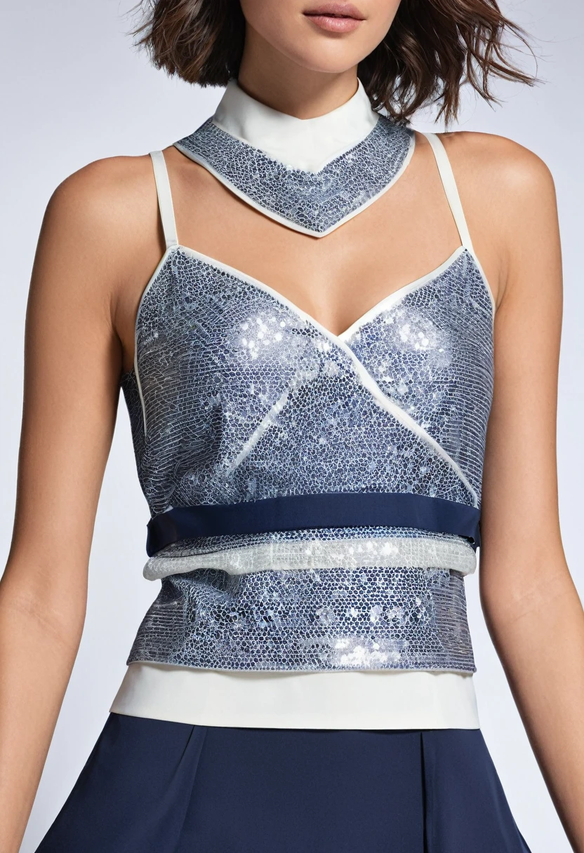 Create an image of a multi-layered women’s top. The outer layer should be a shimmering, transparent silver fabric adorned with an intricate, fine geometric pattern, adding a modern and sophisticated touch. Beneath this, a cropped vest in a contrasting yet complementary color, such as deep navy blue, should be noticeable. The innermost layer is a pristine white underwired bra, providing structure and support. The overall design should be stylish, elegant, and contemporary, with each layer distinct yet harmoniously blending together to create a captivating piece of clothing.
