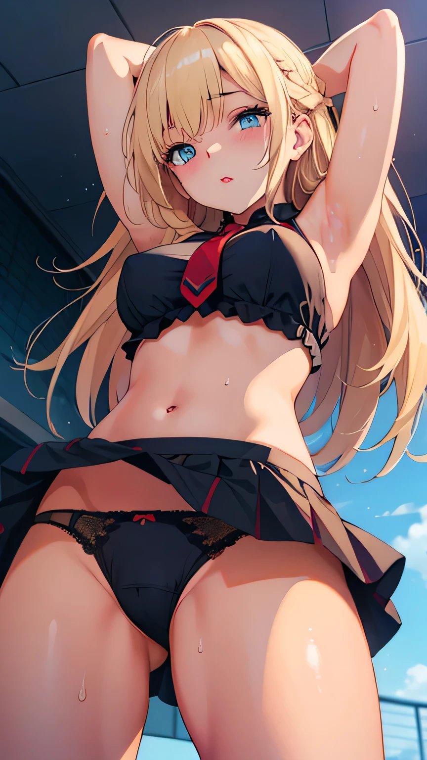 (Very detailed CG Unity 8K 壁紙),(masterpiece), (Highest quality), (Very detailed), (Best illustrations),(Best Shadow)、(Perfect and beautiful eyes)、(Detailed underwear)、1girl armpits blonde_hair blue_eyes blush breasts clothes_lift long_hair looking_at_viewer medium_breasts melonbooks mignon navel necktie original panties shiro-chan_(mignon) skirt skirt_lift solo stomach sweat thighs underwear very_long_hair