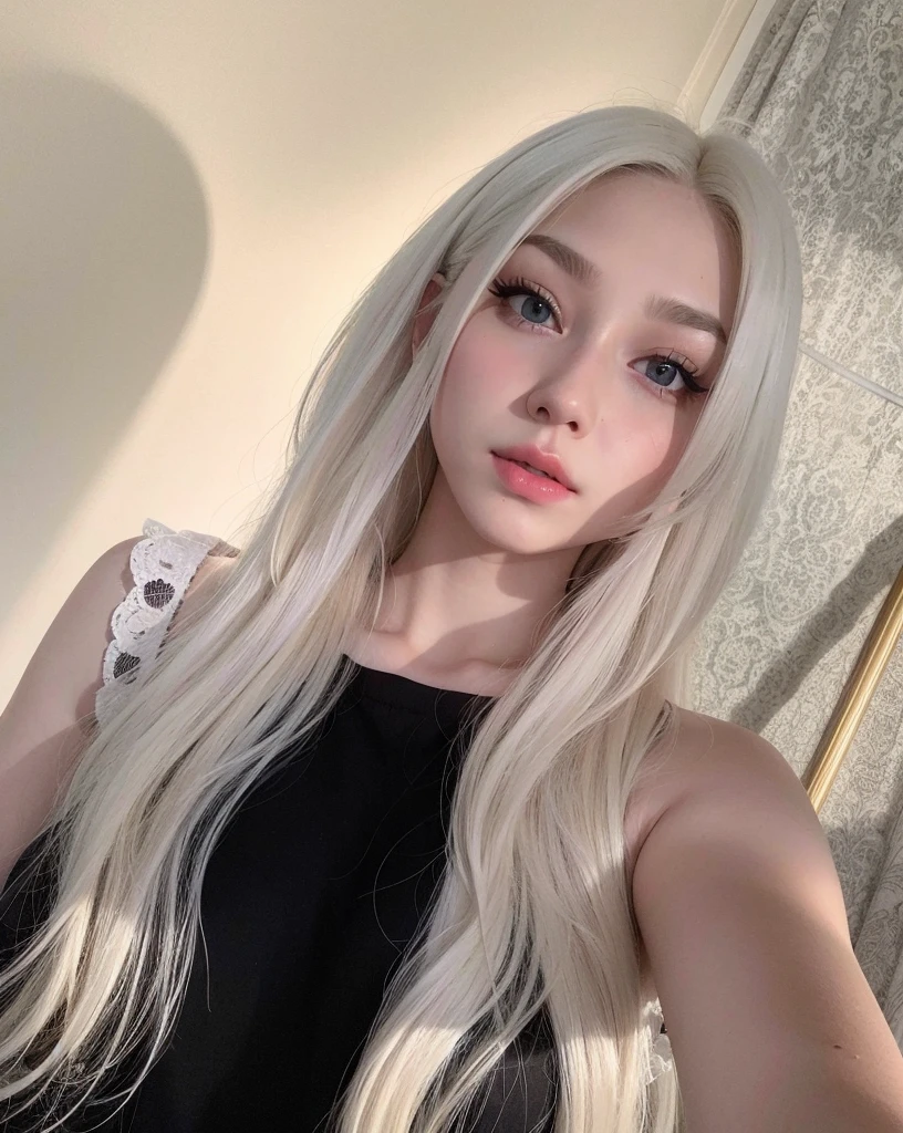 blonde woman with long hair taking a selfie in a mirror, with white long hair, with long white hair, perfect white haired girl, ava max, tifa lockhart with white hair, girl with white hair, long blonde hair and big eyes, ulzzang, long blonde hair and big eyes, long straight white hair, korean, with long blonde hair