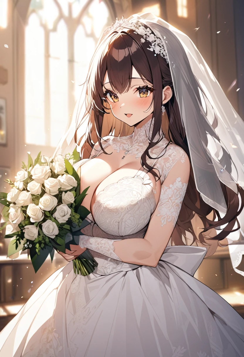 Girl with huge breasts wearing a bra and lace wedding dress ,bridal veil and bouquet at the altar