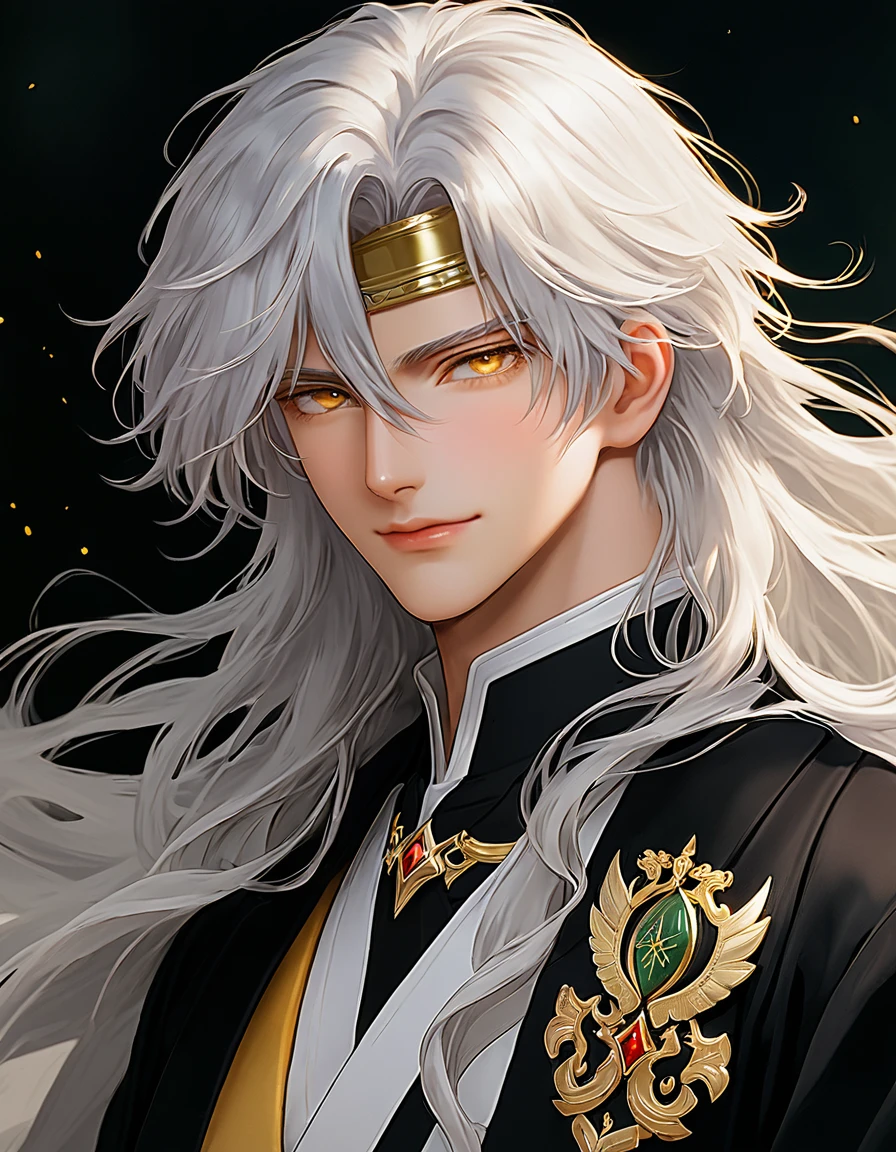 to illustrate、artistry, looks like Reinhard Van Astrea from Re:NULL ( アニメ/mango/Light Novel ), but he has white hair and shining golden eyes, There&#39;s a sword in the scabbard that belongs to royalty at the waist, his clothes are white royalty with a coat on top, also white, has beautiful front hair