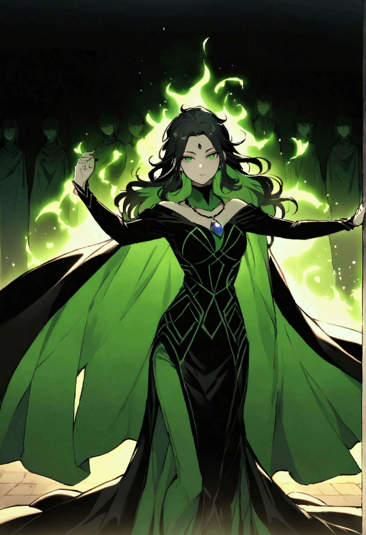 A female character named Gamora, anti-villain with mystical powers. She has long, wavy black hair, bright emerald green eyes, and pale skin with an ethereal aura. Gamora wears elegant, dark clothing with arcane patterns, including a cloak that moves like shadows. She wears a necklace with an obsidian amulet. Gamora is in a confident and mysterious pose, surrounded by shadows that seem alive