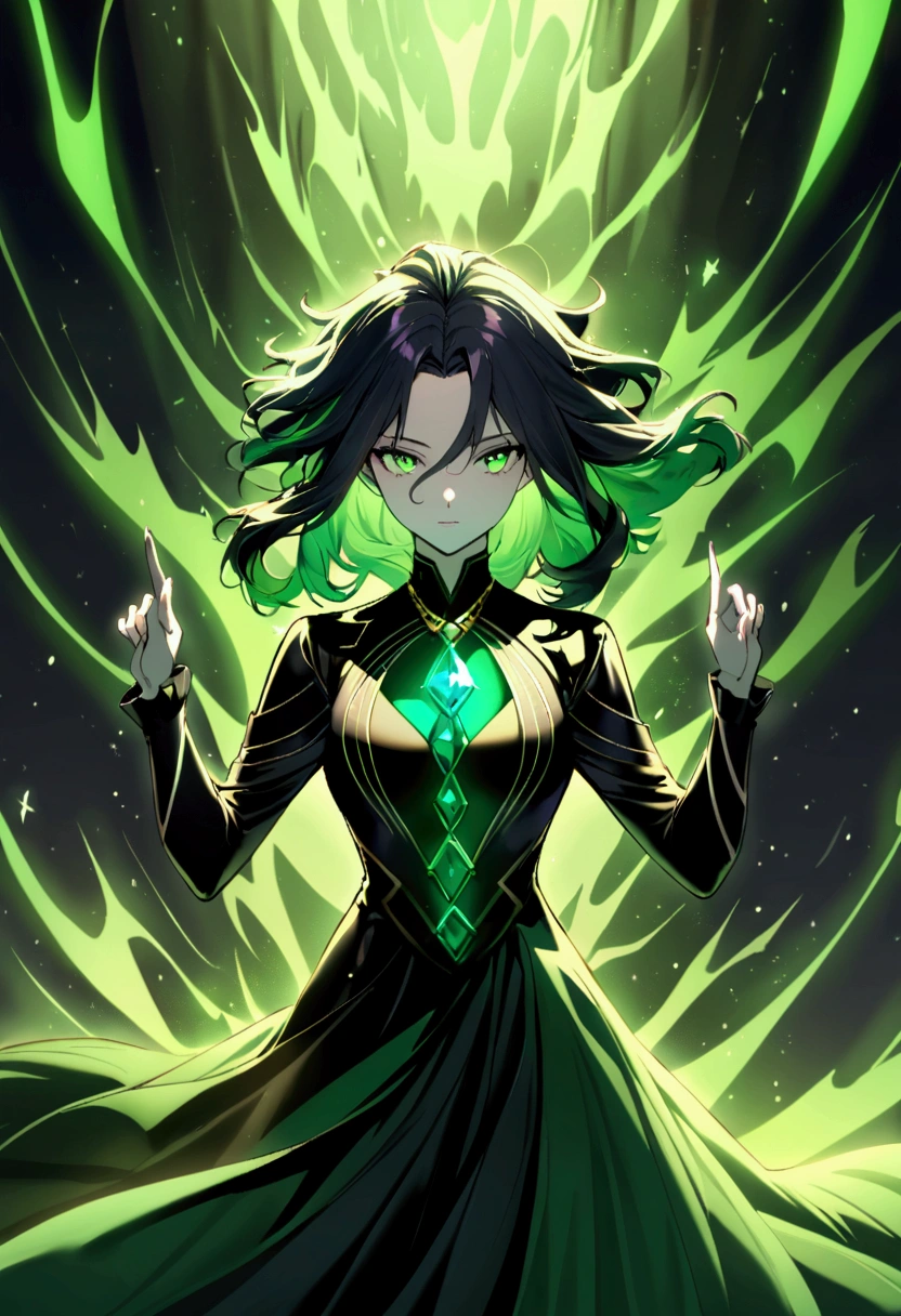 A female character named Gamora, anti-villain with mystical powers. She has long, wavy black hair, bright emerald green eyes, and pale skin with an ethereal aura. Gamora wears elegant, dark clothing with arcane patterns, including a cloak that moves like shadows. She wears a necklace with an obsidian amulet. Gamora is in a confident and mysterious pose, surrounded by shadows that seem alive