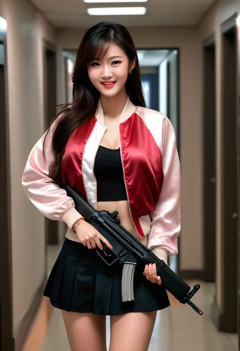 Half body photo, 1 beautiful Asian girl; coy smile, red and white satin bomber jacket; holding a full size MP5 gun in in her hands, m16 rifle black satin skirt,, long hair,wearing jewelry, natural makeup, extremely detailed eyes and face, lovely smile, delicate blush, sensuous lips, intricate facial details, perfect skin, flawless skin texture perfect, ; standing in a long hallway with many doors, evening lighting, vivid colors, , subtle , dreamy, luxurious atmosphere, low lighting; Super high quality, surreal, 8K, high resolution, masterpiece, detailed, extremely magical, professional cinematic lighting, , vibrant colors; Fine brushstrokes,ethereal vibe,mesmerizing gaze,dreamy atmosphere,blending elegance,subtle color gradients,,understated beauty. In the background several men lay unconscious on the hallway floor