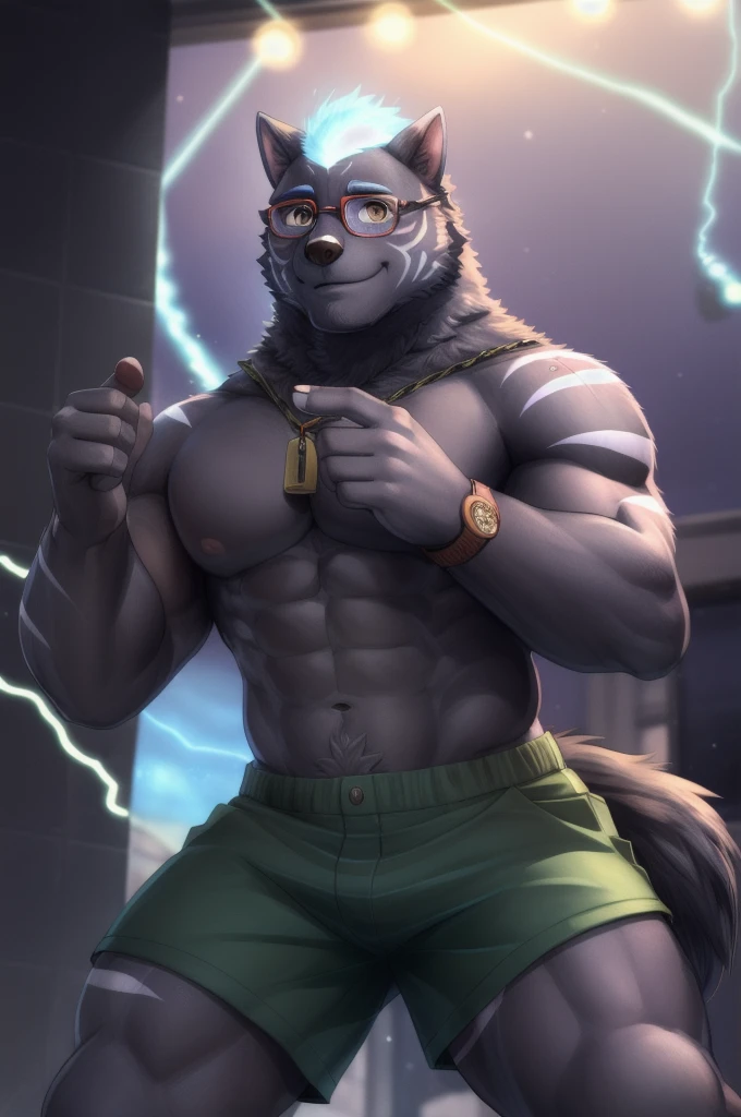 Furlong, male muscles, Bara, orange eyes, wolf tail, black fur, (pose:1.3), (โพสpose:1.3), (soft shading), 4K, hi res, five fingers, มือdetailed, ((ใบหน้าโดยdetailed, (ตาdetailed:1.0), detailed)), (full body), by zackarry911, by zaush, (by personalami:0.5), single, looking at the audience, Blush, smile, naked, focus man, glasses,  electricity, Casual, Scars on the face,Green shorts, ผมelectricityสีน้ําเงิน