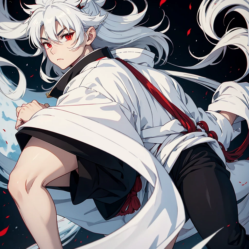 An Inuyasha with white hair and a white sweatshirt, long black pants and without anyone, only him, with black mouth cover 