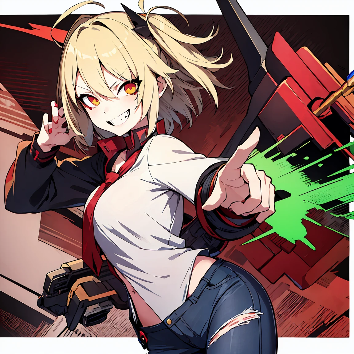 Anime girl, Short blonde hair with red highlights, Pointed teeth, macabre smile, black shirt with print, Jeans, personalized machine gun, white wall, Graffiti, Yellow and red green paint.