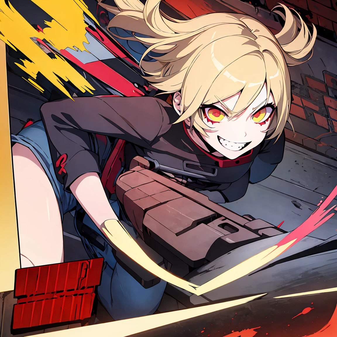 Anime girl, Short blonde hair with red highlights, Pointed teeth, macabre smile, black shirt with print, Jeans, personalized machine gun, white wall, Graffiti, Yellow and red green paint.