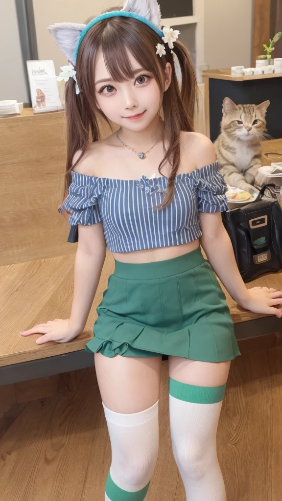 Cat Cafe、Eye patch、Flower Hair Ornaments、Cat ear、smile、looking at the camera、necklace、Off-the-shoulder striped bare top、Smooth and stretchy material、Navel exposed、Upper arm exposure、Blue and green striped over-the-knee socks、Skirts for kindergarteners、Super long twin tail hair、Close-range shooting