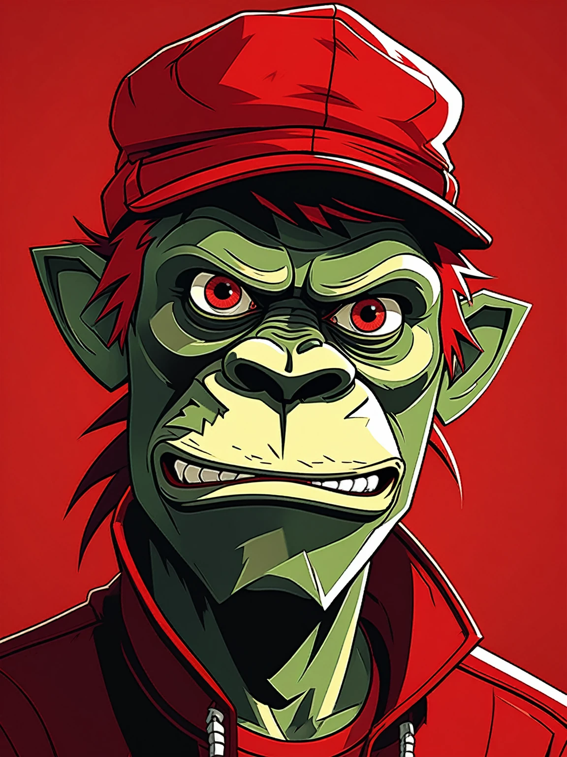 foreigner, Personagem  Demon Days do Gorillaz|iconic background in red tone|stark contrast|((expressive eyes))|urban environment|(stylised:1.5). smiling This creature is truly a wonder of nature!, work of art, best qualityer, detailded, realisitic, 8k hd, high qualiy, realisitic, precise, Vibrant, absurderes, rendered in a cinema, HDR Style, 8k resolution ,work of art, best qualityer, detailded, realisitic, 8k hd, high qualiy, realisitic, precise, Vibrant, absurderes, SimplepositivoXLv1, sfw 