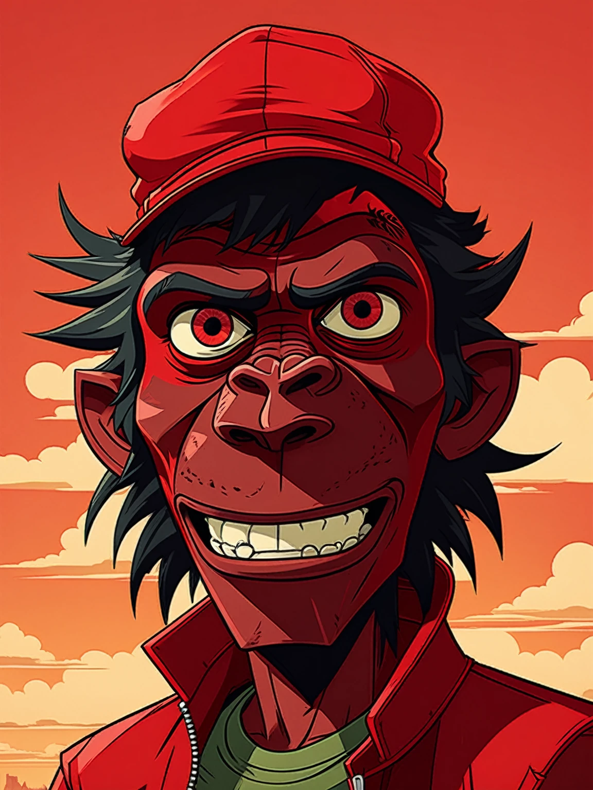 foreigner, Personagem Demon Days do Gorillaz|iconic background in red tone|stark contrast|((expressive eyes))|urban environment|(stylised:1.5). smiling This creature is truly a wonder of nature!, work of art, best qualityer, detailded, realisitic, 8k hd, high qualiy, realisitic, precise, Vibrant, absurderes, rendered in a cinema, HDR Style, 8k resolution ,work of art, best qualityer, detailded, realisitic, 8k hd, high qualiy, realisitic, precise, Vibrant, absurderes, SimplepositivoXLv1, sfw