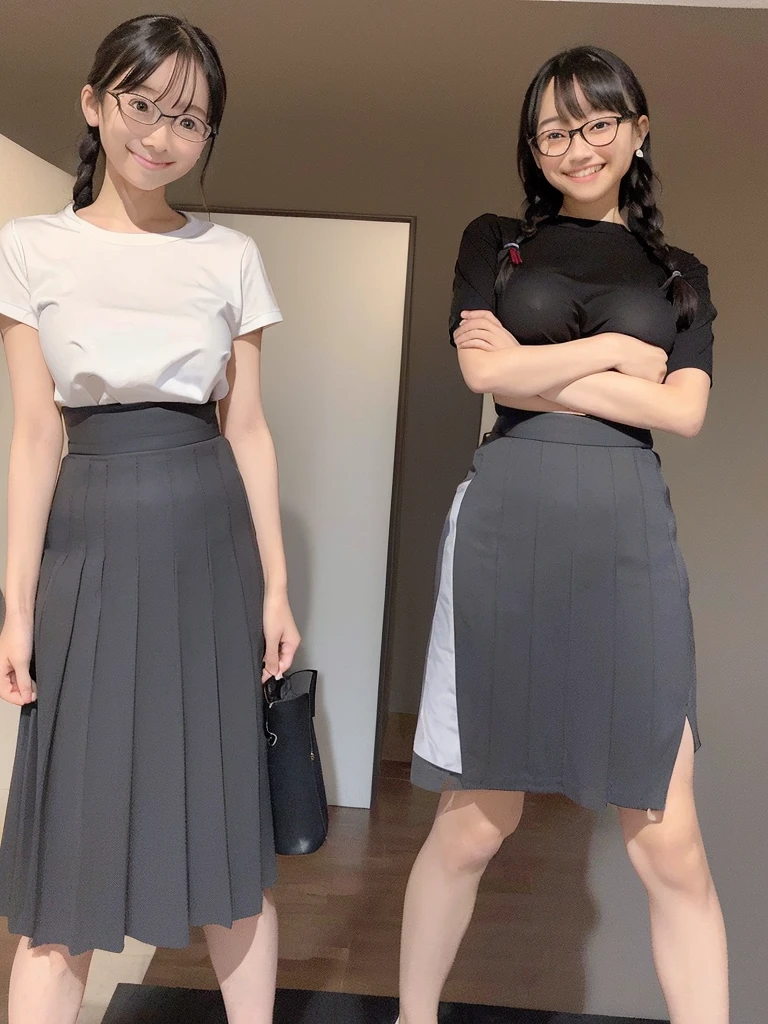 Highest quality、masterpiece、8K、Very detailed、Realistic、(Two Girls)、(Looking at me with a smile:1.5)、whole body、Small face、(Slender:1.2)、(Big Breasts)、Glasses、Braid、(Erect nipples:1.2)、(Hamburger shop clerk)、 tight, short-sleeved, grey polyester shirt:1.3)、(Elegant black tight skirt:1.3)、(Black Hat:1.2)