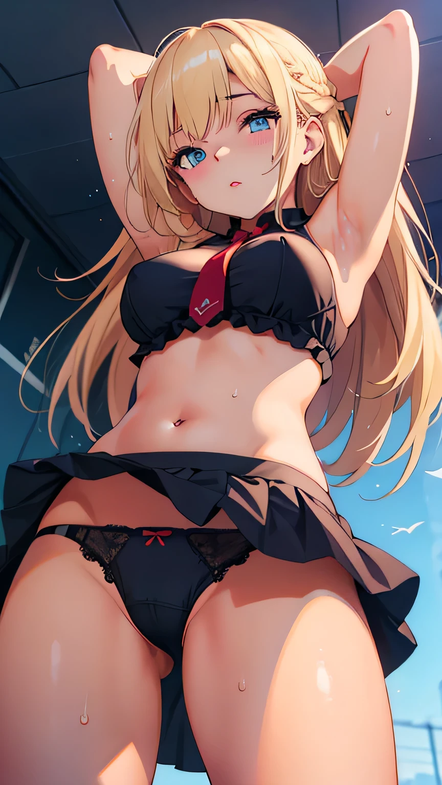 (Very detailed CG Unity 8K 壁紙),(masterpiece), (Highest quality), (Very detailed), (Best illustrations),(Best Shadow)、(Perfect and beautiful eyes)、(Detailed underwear)、1girl armpits blonde_hair blue_eyes blush breasts clothes_lift long_hair looking_at_viewer medium_breasts melonbooks mignon navel necktie original panties shiro-chan_(mignon) skirt skirt_lift solo stomach sweat thighs underwear very_long_hair