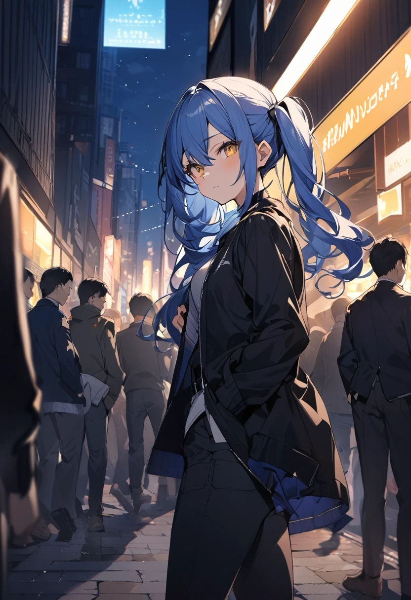 アニメ アニメ - a girl with long Navy Blue Hair, アニメ, アニメ girl アニメ dress black, アニメ female, twintails, yellow eyes, long hair, pants, solo focus, 1girl, Navy Blue Hair, long sleeves, night, jacket, black pants, outdoors