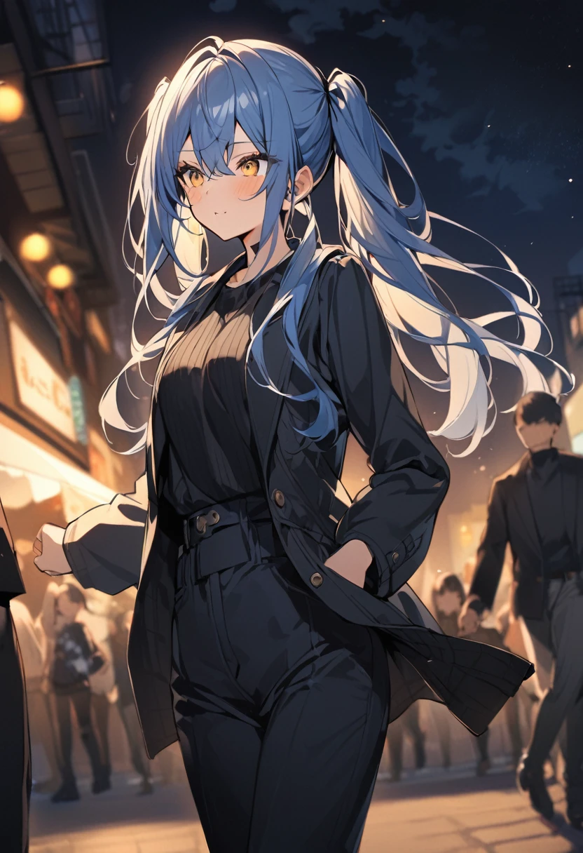 アニメ アニメ - a girl with long Navy Blue Hair, アニメ, アニメ girl アニメ dress black, アニメ female, twintails, yellow eyes, long hair, pants, solo focus, 1girl, Navy Blue Hair, long sleeves, night, jacket, black pants, outdoors