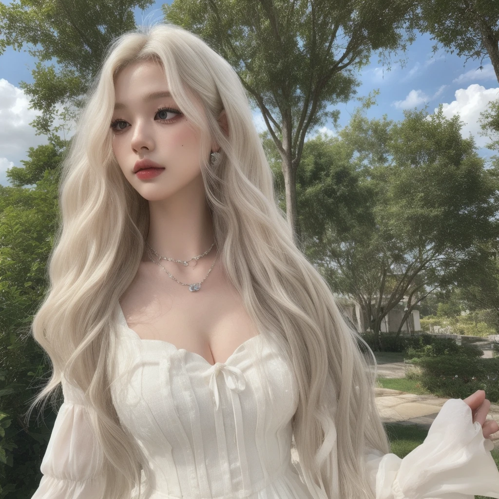 rich hair, platinum blonde hair, (wavy hair:1.3)elegance, natural lighting, white dress, puffy sleeves, outdoor setting, greenery, trees, daytime, cloudy sky, necklace, real skin texture, upper body, pale skin, glossy skin, 1girl, 3d, solo, (huge breasts:1), perfect_face, depth of field, semi_realistic, sharpen, slender, body ratio, teen, eyelashes, (mascara:1.2), beautiful detailed, moody, epic, (masterpiece), gorgeous,high quality, 