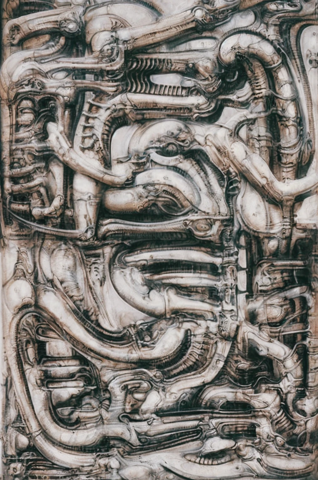xGiger, Tableau with some of the artistic techniques and compositional features used in /“Biomechanical landscape No 312/” by H r (Hans Rudie) Giger:
The image is a surrealistic artwork featuring an alien robotics humanoid figures, each with a unique design, surrounded with pipes and gears, set against a background of intricate machinery
The central focus of the image is a nightmarish tableau of two biomechanical heads. They are connected by a network of pipes and tubes that appear to be either feeding them or draining them. The heads themselves are elongated and skeletal, with gaping maws. Their eyes are empty sockets, and their expressions are vacant and emotionless.
Heads are humanoid but industrial and ivorysh, with pipes and wires integrated throughout their structure. One face appears to be screaming, the other has its mouth open like a maw. They are surrounded by various mechanical doodads and tubes, and blend seamlessly into the background of industrial machinery.The biomechanical heads could have represented some kind of alien creatures, or they could have been machines that had become sentient
Used Airbrushing is a technique for applying paint using a device that sprays a fine mist. It is often used to create smooth, even coats of paint, and it can be used to create very detailed effects. Giger's use of airbrushing in this image creates a hyperrealistic quality to the biomechanical landscape, making it appear even more alien and unsettling. It is also often used to create very smooth and even gradients of color.
The use of a dark palette with blacks, purplish browns, and grays creates a sense of mystery and dread. The dark colors obscure the details of the image, making it difficult for the viewer to see what they are looking at. This ambiguity adds to the unsettling nature of the work. The dark colors also help to emphasize the biomechanical elements in the painting.
The background features even more machinery, including pipes, gears, and cables.