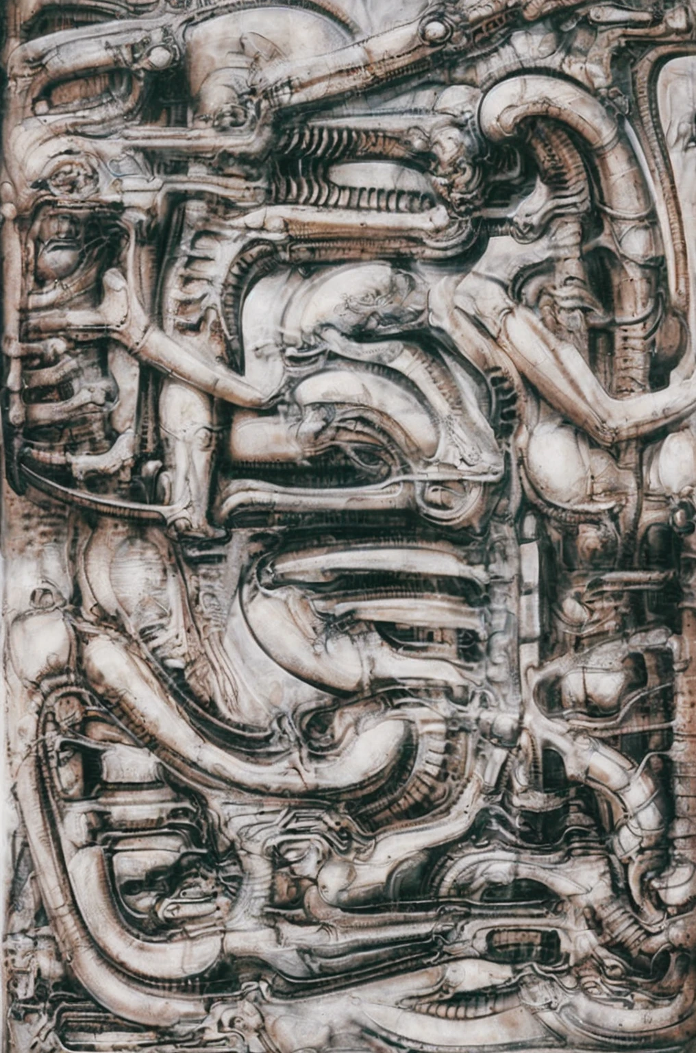 xGiger, Tableau with some of the artistic techniques and compositional features used in /“Biomechanical landscape No 312/” by H r (Hans Rudie) Giger:
The image is a surrealistic artwork featuring an alien robotics humanoid figures, each with a unique design, surrounded with pipes and gears, set against a background of intricate machinery
The central focus of the image is a nightmarish tableau of two biomechanical heads. They are connected by a network of pipes and tubes that appear to be either feeding them or draining them. The heads themselves are elongated and skeletal, with gaping maws. Their eyes are empty sockets, and their expressions are vacant and emotionless.
Heads are humanoid but industrial and ivorysh, with pipes and wires integrated throughout their structure. One face appears to be screaming, the other has its mouth open like a maw. They are surrounded by various mechanical doodads and tubes, and blend seamlessly into the background of industrial machinery.The biomechanical heads could have represented some kind of alien creatures, or they could have been machines that had become sentient
Used Airbrushing is a technique for applying paint using a device that sprays a fine mist. It is often used to create smooth, even coats of paint, and it can be used to create very detailed effects. Giger's use of airbrushing in this image creates a hyperrealistic quality to the biomechanical landscape, making it appear even more alien and unsettling. It is also often used to create very smooth and even gradients of color.
The use of a dark palette with blacks, purplish browns, and grays creates a sense of mystery and dread. The dark colors obscure the details of the image, making it difficult for the viewer to see what they are looking at. This ambiguity adds to the unsettling nature of the work. The dark colors also help to emphasize the biomechanical elements in the painting.
The background features even more machinery, including pipes, gears, and cables.