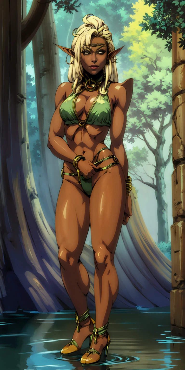 Extremely detailed Artgerm style: This sets the overall artistic style with a high level of detail. Fantasy art: This specifies the genre. Goddess of the green forest: This defines the character's role and gives context to the setting. Woman with long, elf ears: This incorporates the elf features. Black skin: This specifies the character's race. Ornate bikini armor: This combines the skimpy clothing with a fantastical, protective element. Blue high heels standing straight symmetrical: This suggests the color of the bikini and potentially the water body. Long, messy blonde hair: This adds a detail that contrasts the Artgerm style, which is typically more polished for hair.