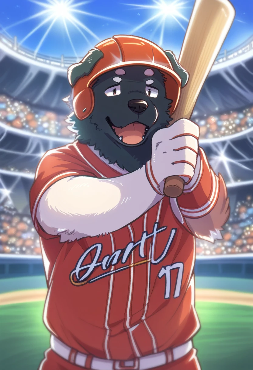 ((Masterpiece)), ((Best Quality)), (Very Detailed), ((Very Detailed)), 4K, (8K), very aesthetic, absurdres highres, 1man, (anthropomorphic dog, furry, kemono:1.8), Baseball player, batting, swinging bat, red uniform, helmet, glove, stadium, crowd, scoreboard, daytime, sunlight, shadow, team logo, jersey number, energy, concentrated expression, cheering crowd, stadium structure

