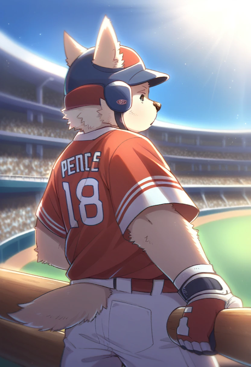 ((Masterpiece)), ((Best Quality)), (Very Detailed), ((Very Detailed)), 4K, (8K), very aesthetic, absurdres highres, 1man, (anthropomorphic dog, furry, kemono:1.8), Baseball player, batting, swinging bat, red uniform, helmet, glove, stadium, crowd, scoreboard, daytime, sunlight, shadow, team logo, jersey number, energy, concentrated expression, cheering crowd, stadium structure